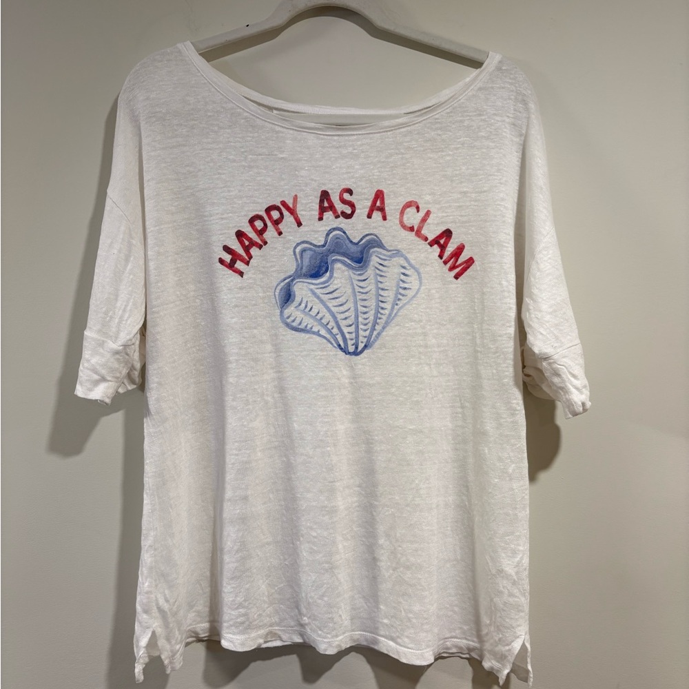 HAPPY AS A CLAM Talbots 100% linen white top tee 3/4 banded sleeves size M